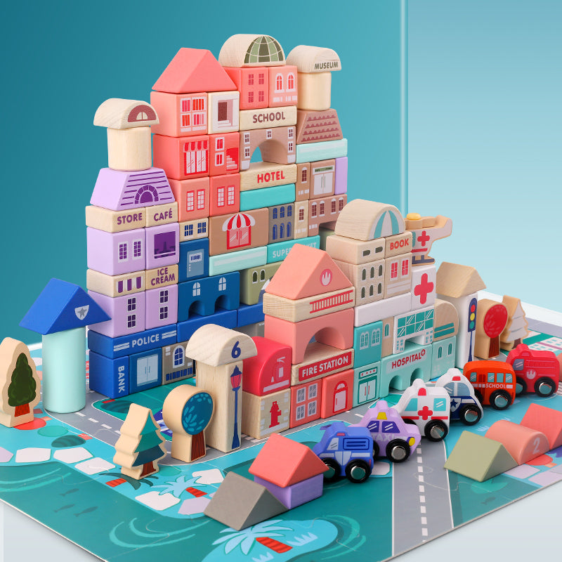 Little Fox - Holzbausteine CITY, Bauklötze Holz, 115 Teile